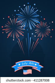 Fireworks and stars in national American colors. Happy independence day United States of America. Vector illustration for Poster or Card