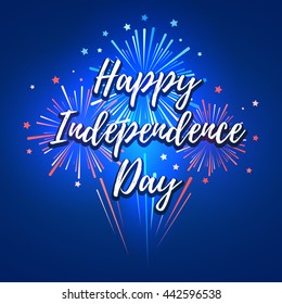 Fireworks and stars in national American colors. Happy independence day 4th of july United States of America. Vector illustration for Poster or Card