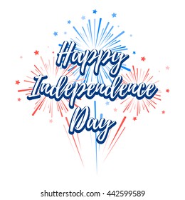 Fireworks and stars in national American colors. Happy independence day 4th of july United States of America. Vector illustration for web design or print Card