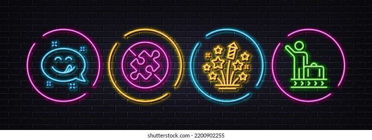 Fireworks stars, No puzzle and Yummy smile minimal line icons. Neon laser 3d lights. Luggage belt icons. For web, application, printing. Pyrotechnic salute, Jigsaw challenge, Emoticon. Vector