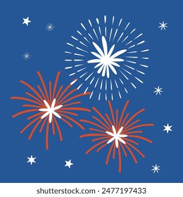 Fireworks and stars on blue background. Vector illustration. Flat style.