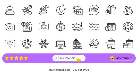 Fireworks stars, Sale bags and Sale gift line icons for web app. Pack of Buying process, Shopping, Backpack pictogram icons. Snowflake, Journey, Bicycle parking signs. Travel luggage. Vector