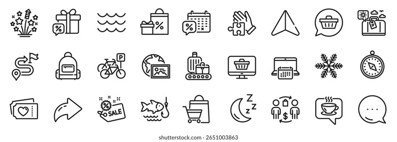 Fireworks stars, Sale bags and Sale gift line icons pack. Share, Message, Paper plane icons. Buying process, Shopping, Backpack web icon. Snowflake, Journey, Bicycle parking pictogram. Vector