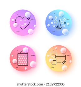 Fireworks stars, Shopping bag and Yummy smile minimal line icons. 3d spheres or balls buttons. Account icons. For web, application, printing. Pyrotechnic salute, Paper package, Comic heart. Vector