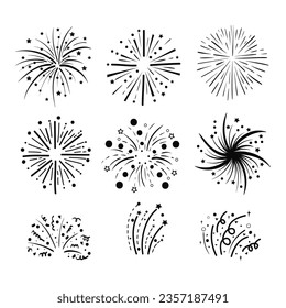 Fireworks with stars and sparks isolated on white background. Firework simple black line icons