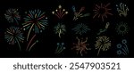 Fireworks with stars and sparks on black background. Festival colorful fireworks. Holiday vector set.