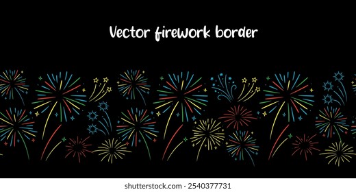 Fireworks with stars and sparks on black background. Festival colorful fireworks seamless border. Holiday banner, poster, flyer, greeting card.