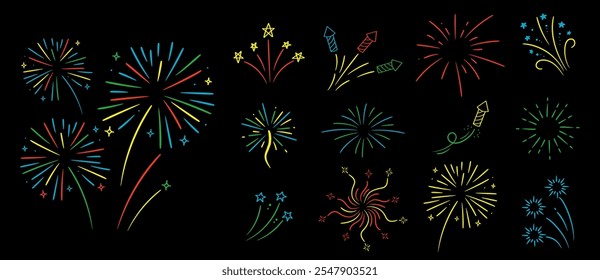 Fireworks with stars and sparks on black background. Festival colorful fireworks. Holiday vector set.