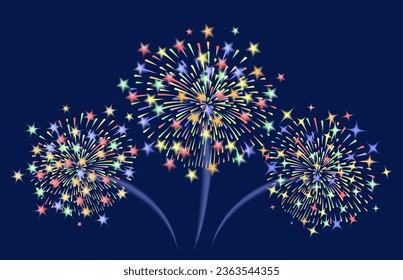 Fireworks with stars and sparks.Brightly Colorful Fireworks on twilight background. Vector illustration.