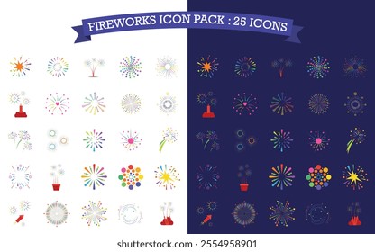 Fireworks themed vector icon pack consisting of 25 icons. Included in dark and light style
