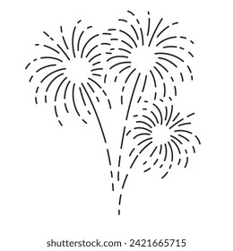 Fireworks three explosion line icon. Thin black outline silhouette of fun carnival salute at night, firework with trails of sparks monochrome icon, festive birthday element party vector illustration