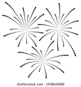 Fireworks from three explosions for a show in the sky at night. Vector icon isolated on white, hand drawing style.