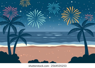 fireworks at the tropical beach; New Year Eve's celebration- vector illustration