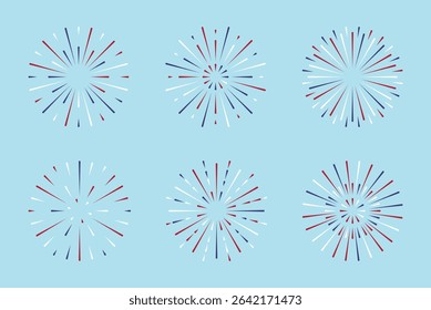 Fireworks USA flat style set. Fourth of July with a red white blue stars and sparks. United states of america independence day firecracker. Simple explosion