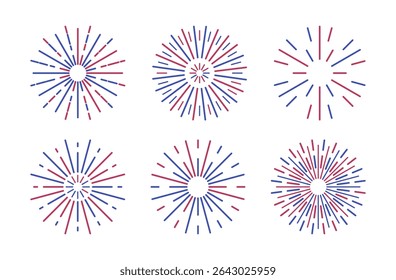 Conjunto de celebração do dia da independência do Fireworks USA. Lança-fogo vermelho azul em estilo plano. Ícone de explosão explosiva. Aniversário de ano novo. Cartão de banner de cartaz do Sparkles na festa de aniversário do festival. Respingos simples
