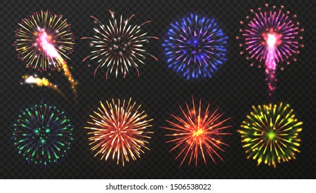 Fireworks. Various multicolored firework explosions with shining sparks. Christmas pyrotechnic show elements. Realistic vector beautiful sky flame splash firecracker set