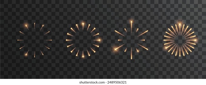 Fireworks in various shapes isolated set. Christmas, New Year, or Birthday holiday design light elements.