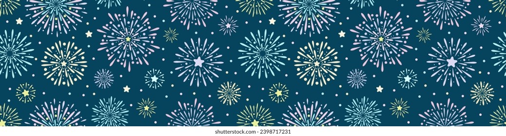 Fireworks vector banner, seamless repeating pattern, festive holiday background design