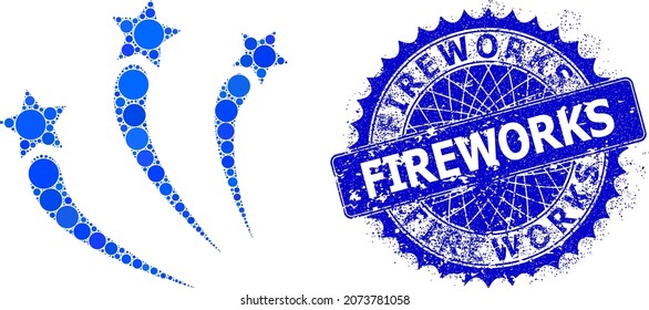 Fireworks vector collage of small circles in various sizes and blue color tinges, and grunge Fireworks badge. Blue round sharp rosette badge has Fireworks title inside.