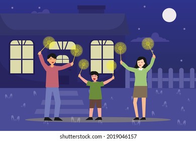 Fireworks vector concept: Young parents and little son playing fireworks together in the backyard while enjoying leisure time