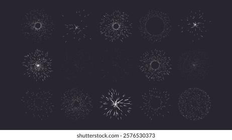 Fireworks Vector Flat Set, Design Elements Isolated on Dark Background