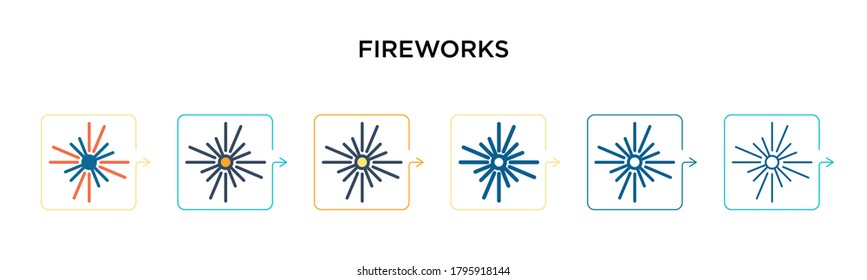 Fireworks vector icon in 6 different modern styles. Black, two colored fireworks icons designed in filled, outline, line and stroke style. Vector illustration can be used for web, mobile, ui