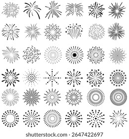 Conjunto de ícones de vetor do Fireworks. Coleção de sinais de ilustração de faixa. Símbolo de Frecracker. Ícones da Web do Fireworks.