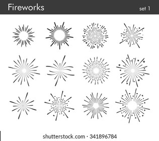 Fireworks vector icon set. Light rays. Decorative elements