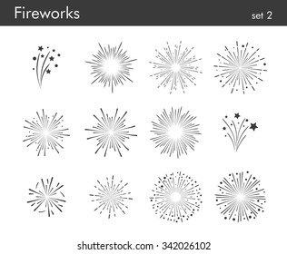 Fireworks vector icon set. Light rays. Decorative elements