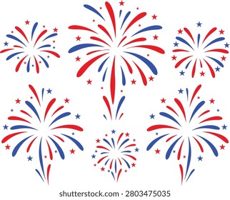 Fireworks, vector icon set ,red and blue bursts and stars 4th july anniversary