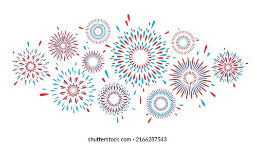 Fondo del patrón vectorial de fuegos artificiales. Fuego rojo azul claro aislado sobre fondo blanco en un sencillo estilo plano. Día de la Independencia de Estados Unidos.