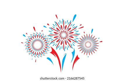 Fireworks vector pattern background. Bright blue red firework isolated on white backdrop in simple flat modern style. Independence day of America.