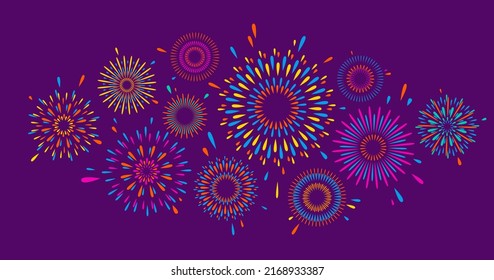 Fireworks vector pattern background. Bright color firework on dark sky backdrop in simple flat style. Anniversary, holiday, party modern concept.
