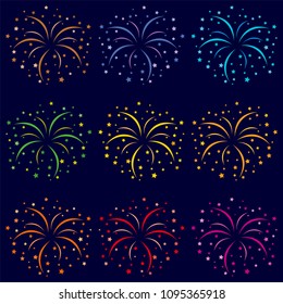 Fireworks. Vector set. Flat style. 