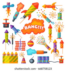 Fireworks vector set pyrotechnics rocket and flapper firework display on birthday party celebrate fireworker launch salute festival tools isolated illustration.