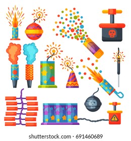 Fireworks vector set pyrotechnics rocket and flapper firework display on birthday party celebrate fireworker launch salute festival tools isolated illustration.