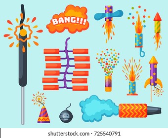 Fireworks vector set pyrotechnics rocket and flapper firework display on birthday party celebrate fireworker launch salute festival tools isolated illustration.