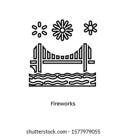 Fireworks from view of bridge linear icon vector on white background. Celebration illustration.