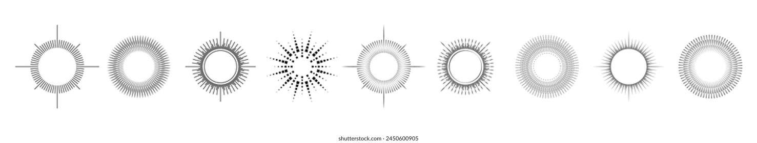 Fireworks. Vintage sunburst collection. Bursting sun rays.Logotype or lettering design element. Radial sunset beams. Vector illustration.