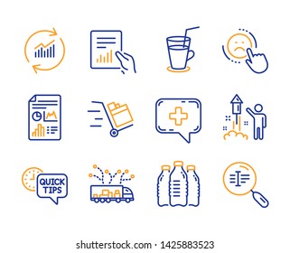 Fireworks, Water bottles and Medical chat icons simple set. Document, Dislike and Update data signs. Quick tips, Push cart and Cocktail symbols. Line fireworks icon. Colorful set. Editable stroke