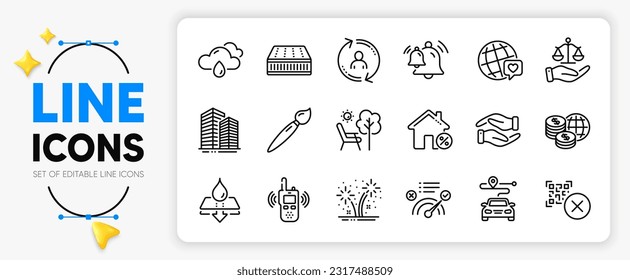 Fireworks, World money and Rainy weather line icons set for app include Helping hand, Qr code, World brand outline thin icon. Justice scales, Correct answer, Journey pictogram icon. Vector