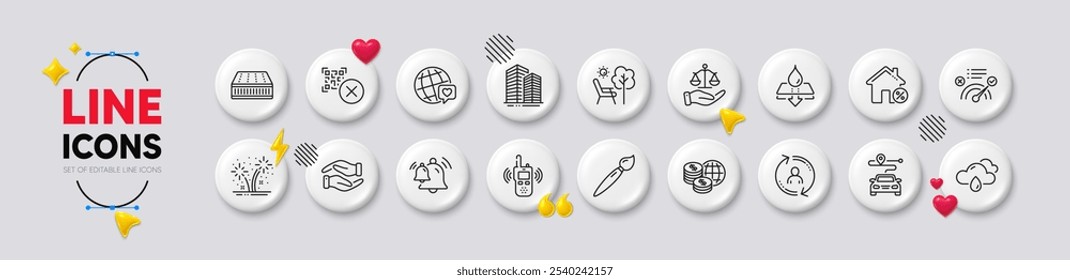 Fireworks, World money and Rainy weather line icons. White buttons 3d icons. Pack of Helping hand, Qr code, World brand icon. Justice scales, Correct answer, Journey pictogram. Vector