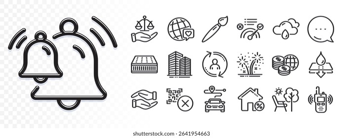 Fireworks, World money and Rainy weather line icons for web app. Glare of light effect. Message icon. Pack of Helping hand, Qr code, World brand pictogram icons. Vector