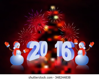 Fireworks year 2016 and two snowman on a bright background
