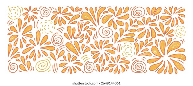 Fireworks yellow set. Crayon firecrackers and party sprinkles in doodle style on a transparent background. Summer carnival decoration. Vector pencil drawn illustration.