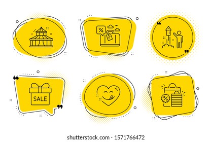 Fireworks, Yummy smile and Shopping bags signs. Chat bubbles. Circus, Travel loan and Sale offer line icons set. Attraction park, Trip discount, Gift box. Party pyrotechnic. Holidays set. Vector