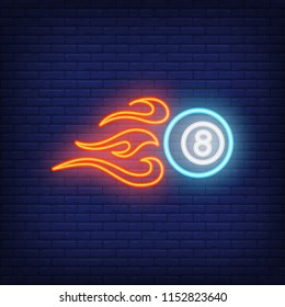 Firing billiard ball neon sign. Eight-ball with flames behind. Night bright advertisement. Vector illustration in neon style for game and competition