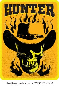 Firing Cowboy Skull, old west poster, retro poster, Inferno, epic, masquerade, cowboy, west, vintage, comic, gang mascot, silhouette, hunter