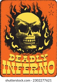 Firing cowboy skull, old west poster, retro poster, inferno, epic, masquerade, cowboy, west, vintage, comic, gang mascot, silhouette, cowboy, (Deadly Inferno)