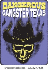 Firing cowboy skull, old west poster, retro poster, inferno, epic, masquerade, cowboy, west, vintage, comic, gang mascot, silhouette, cowboy, (Dangerous gangster Texas)